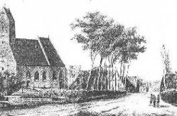 Afbeelding onder: glasschildering van de oude kerk omstreeks het jaar 1800 (het origineel is in kleur)